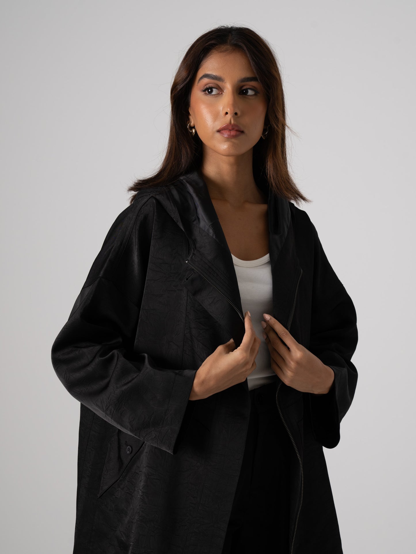 Silk Hooded Mid-length Jacket