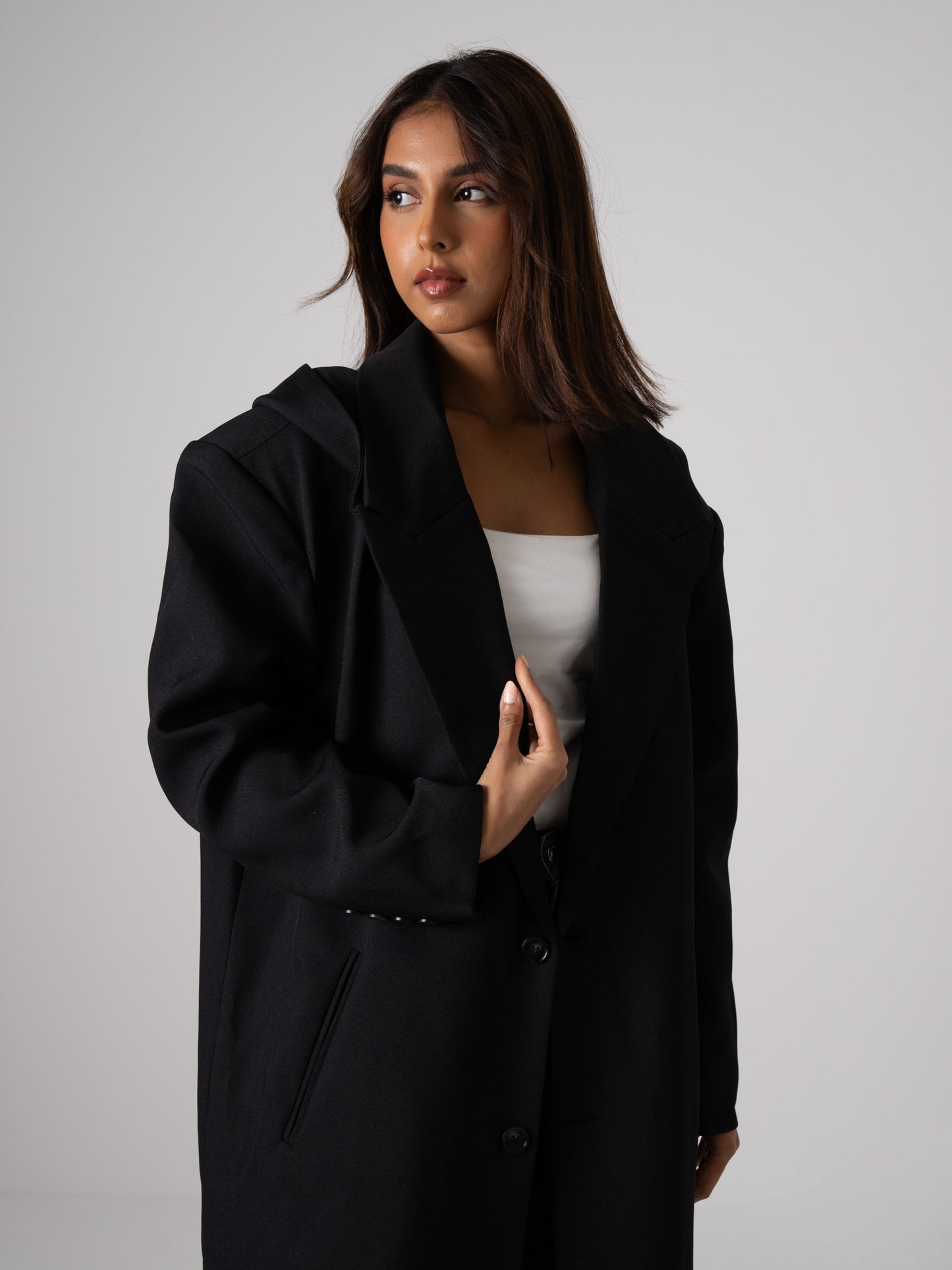 Hooded Black Long Blazer