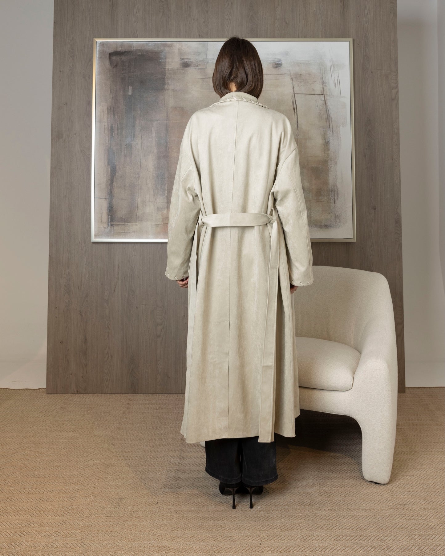 Light Grey Suede Coat with Trimmed Stitching