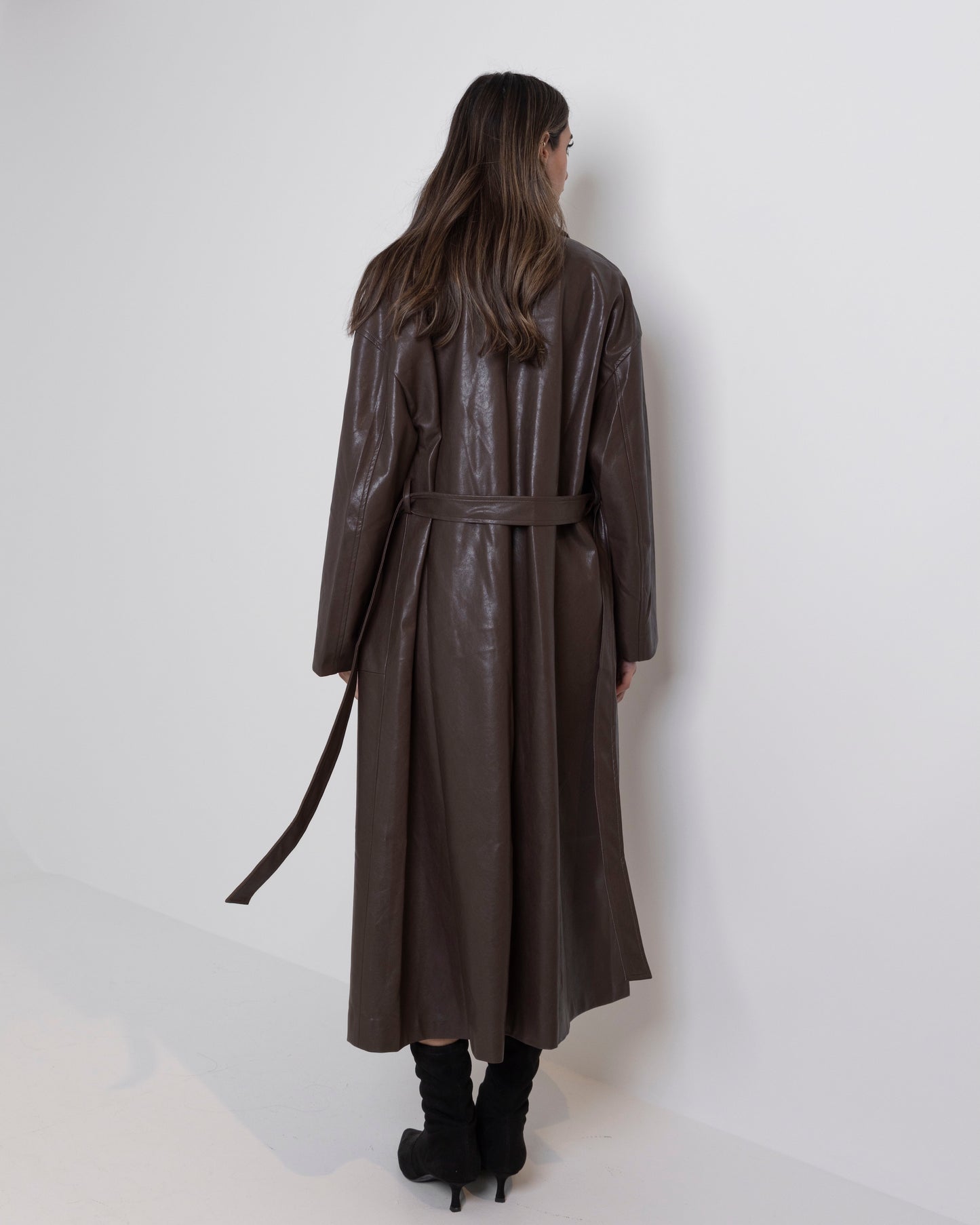 Brown Leather Trench with Black Collar