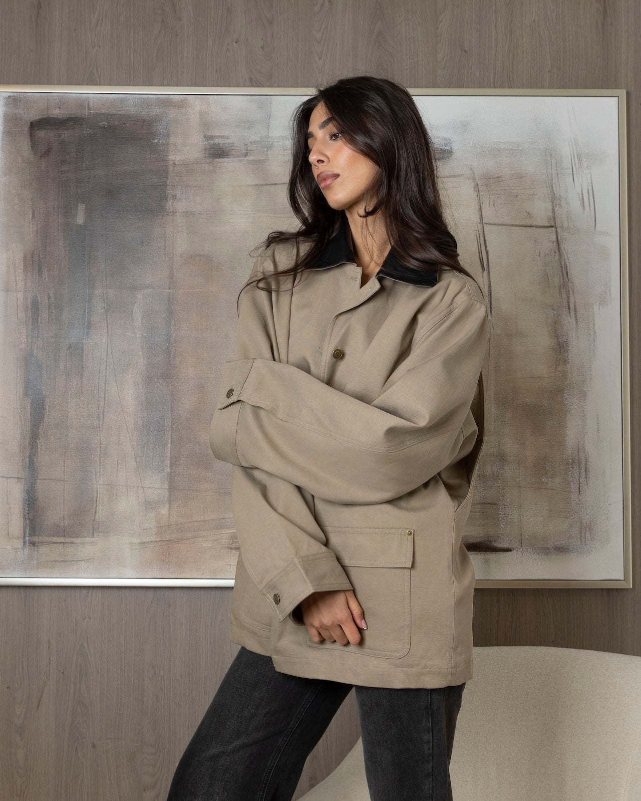 Beige Jacket with Leather Collar