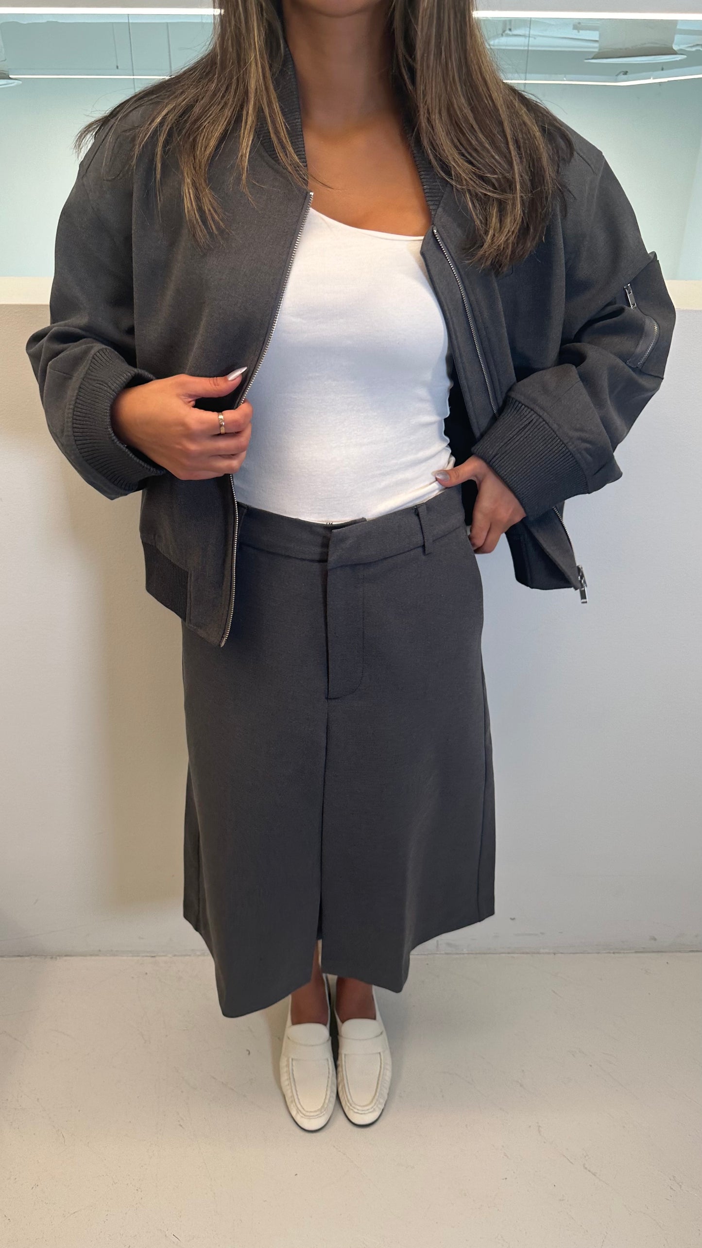 Grey Skirt & Bomber Set