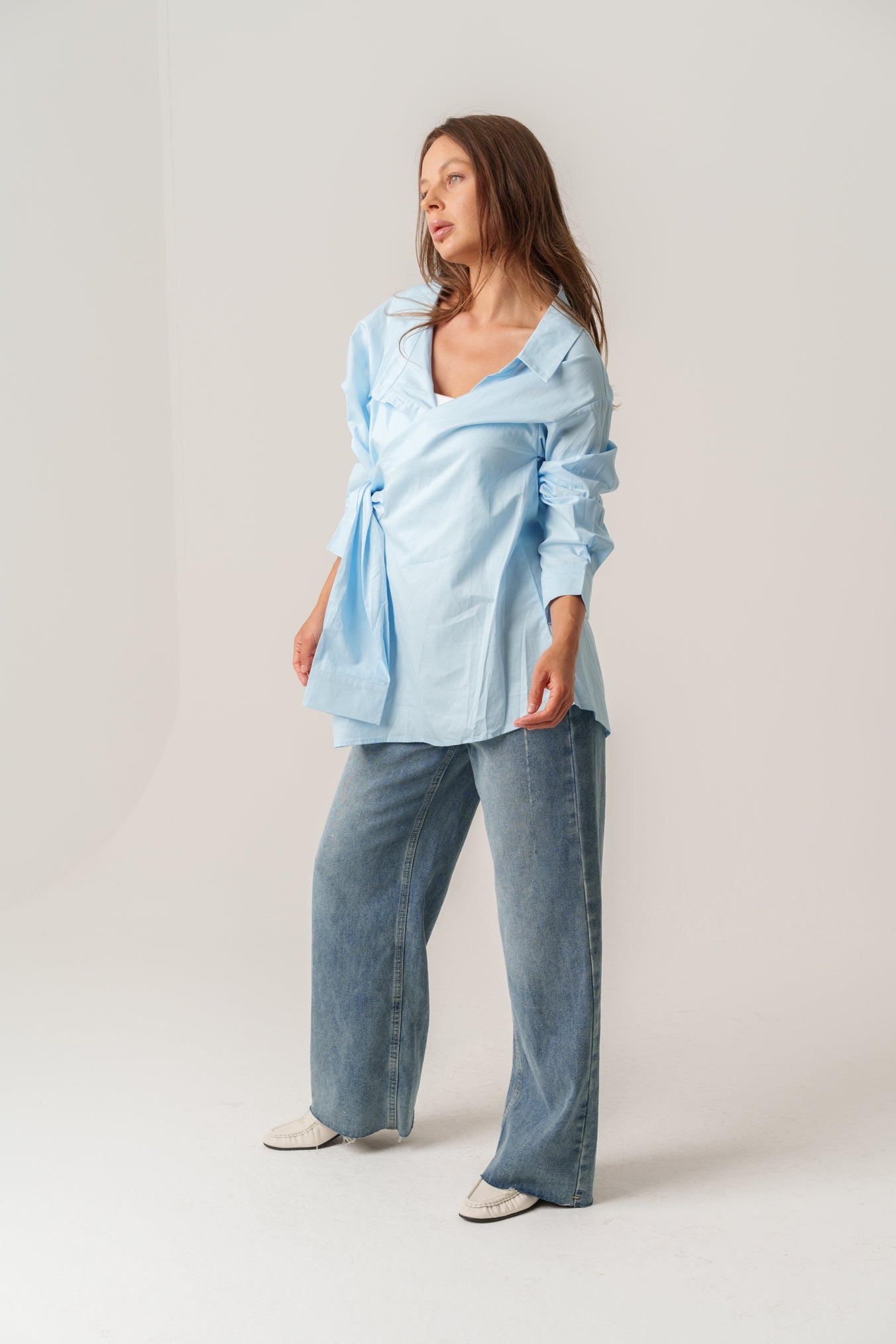 Blue Shirt with Sleeve Wrap