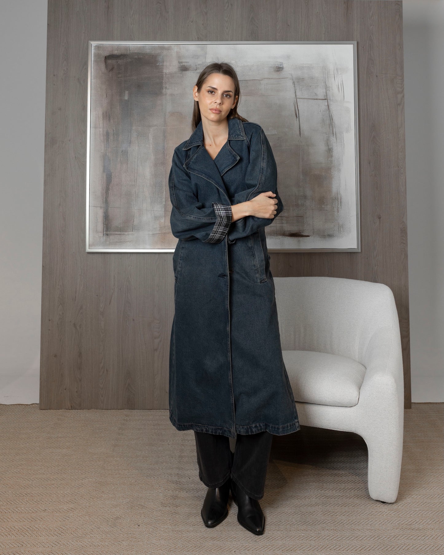 Denim Trench with Plaid Reversible Sleeve