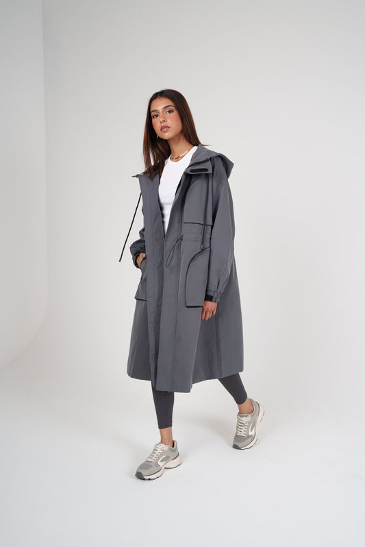 Long Grey Hooded Jacket with Pockets