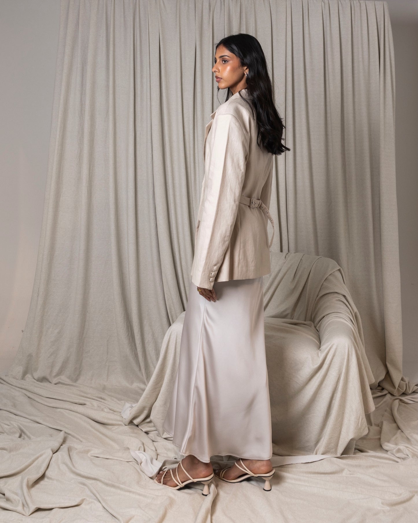 Beige Blazer & Silk Skirt Set