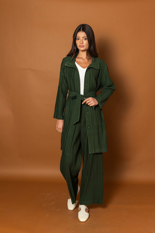 Green Pleated Long Jacket Set