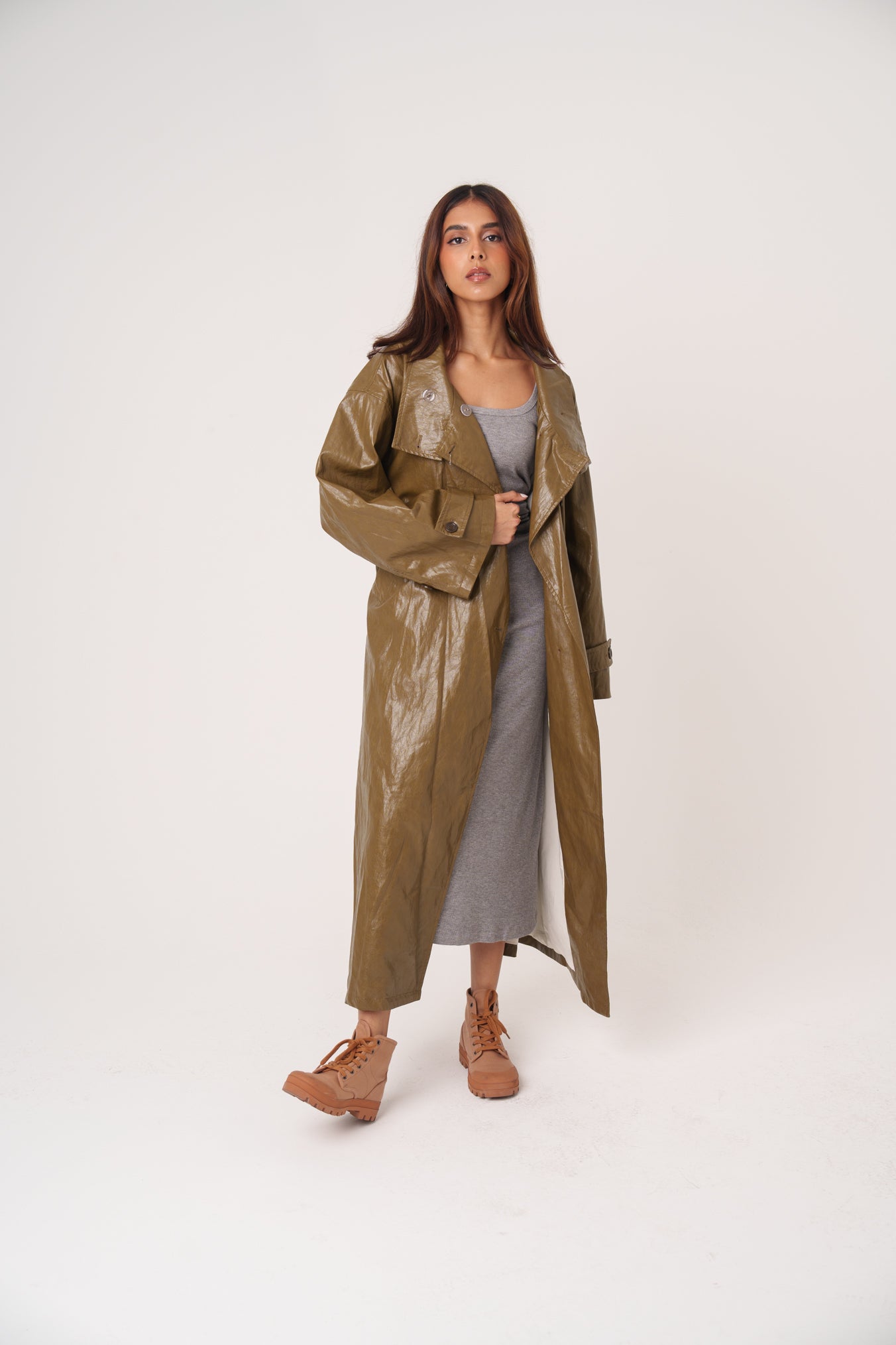 Long Faux Leather Trench