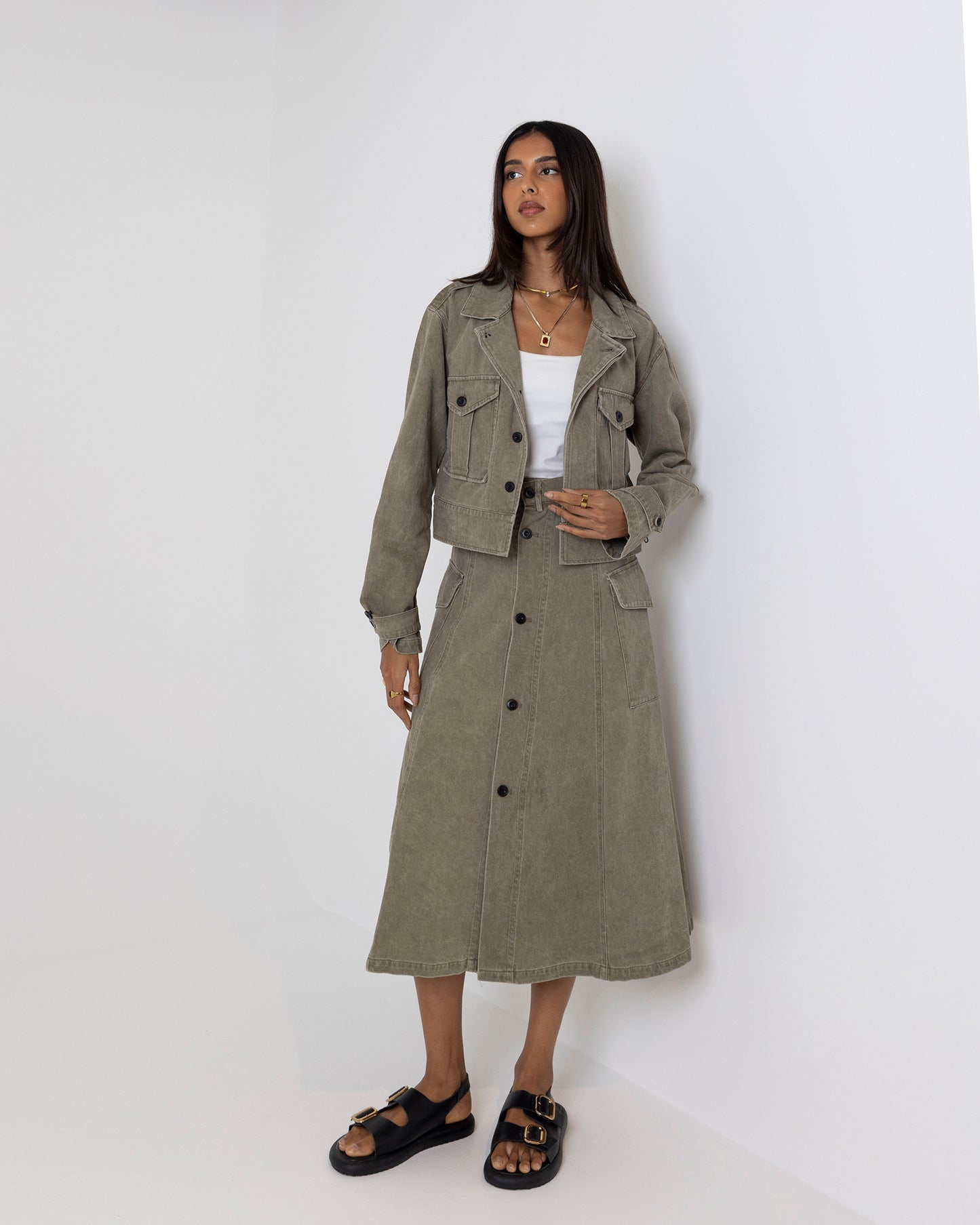 Denim Cargo Skirt Set
