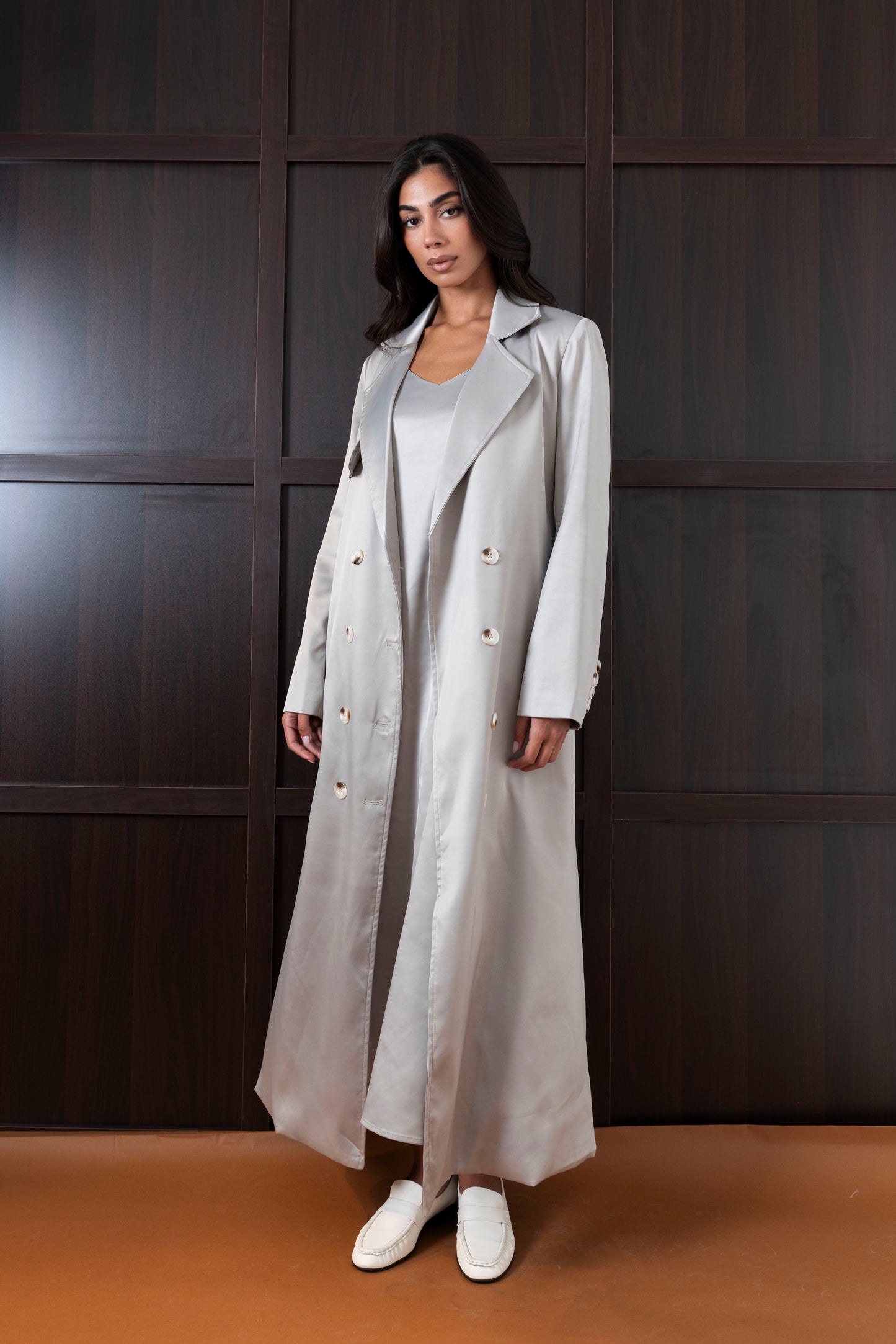 Grey Silk Long Blazer/Trench Set