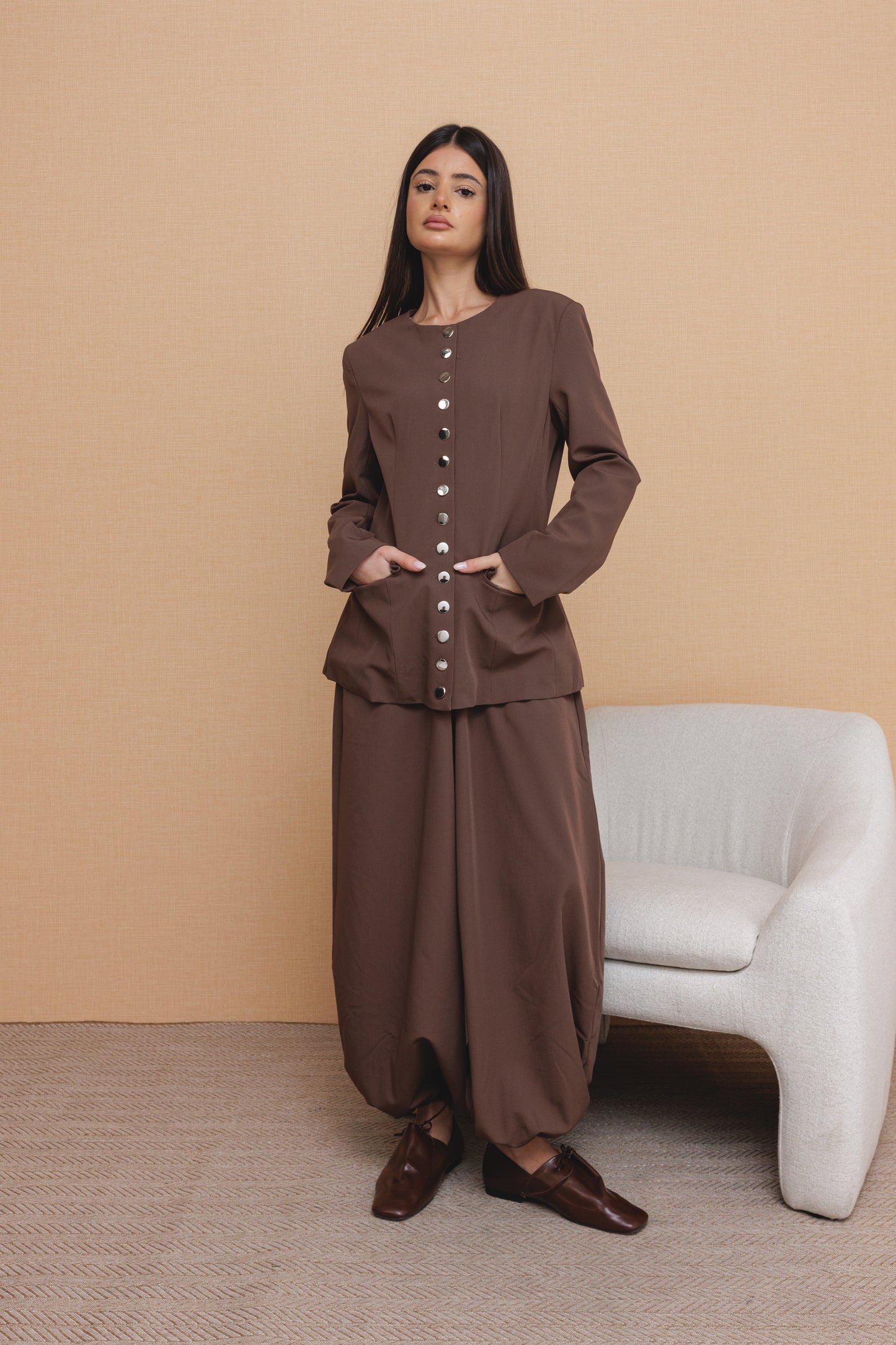 Brown Balloon Pants Buttoned Jacket Set
