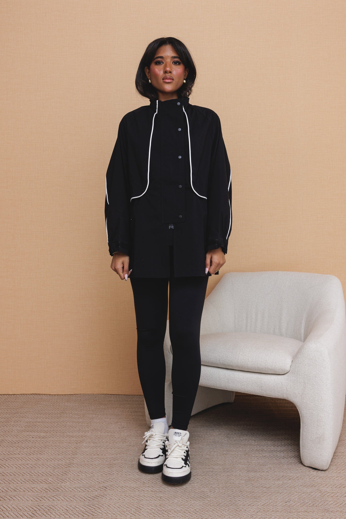 Black Parka Jacket with White Trim