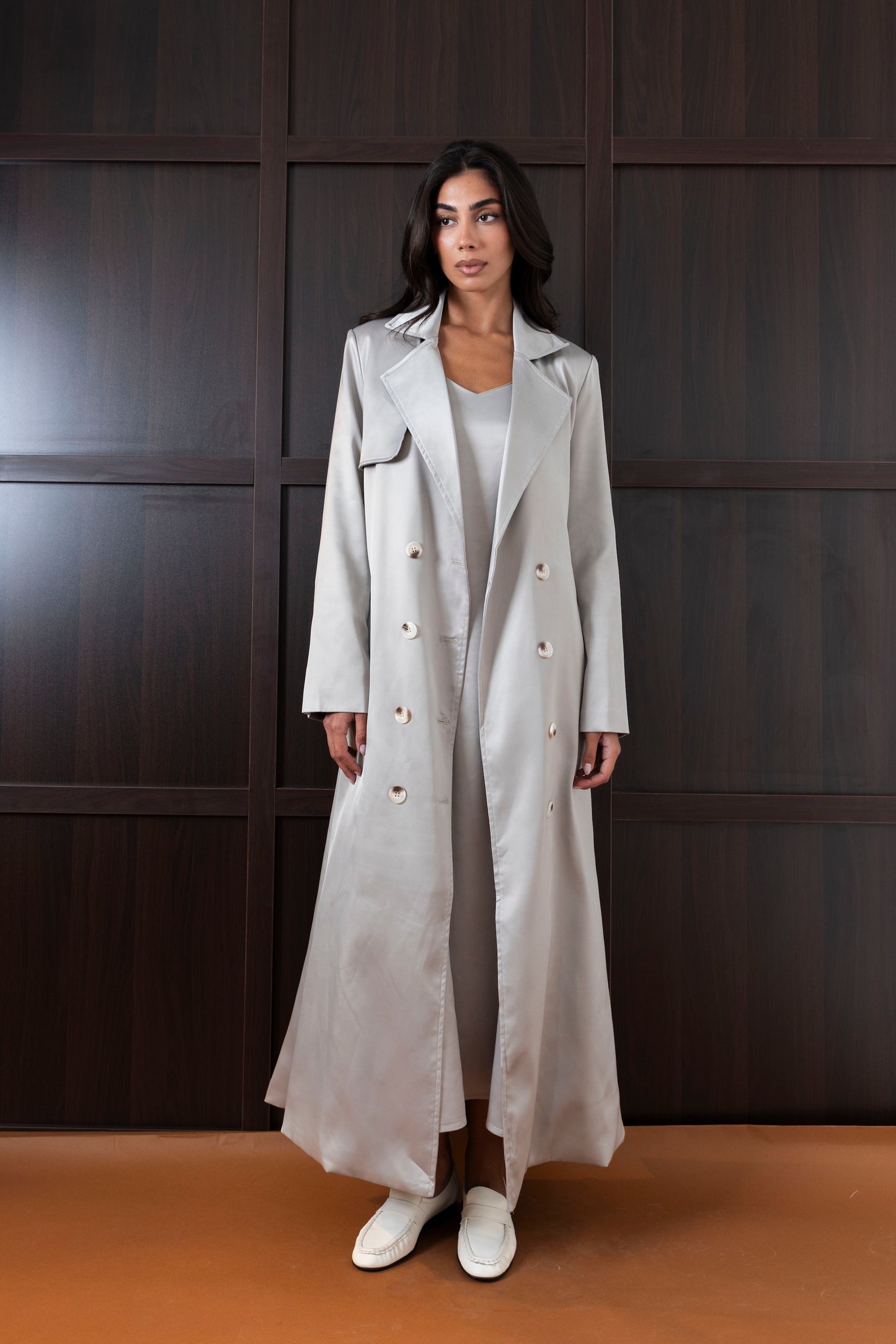 Grey Silk Long Blazer/Trench Set