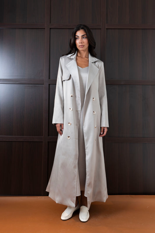 Grey Silk Long Blazer/Trench Set