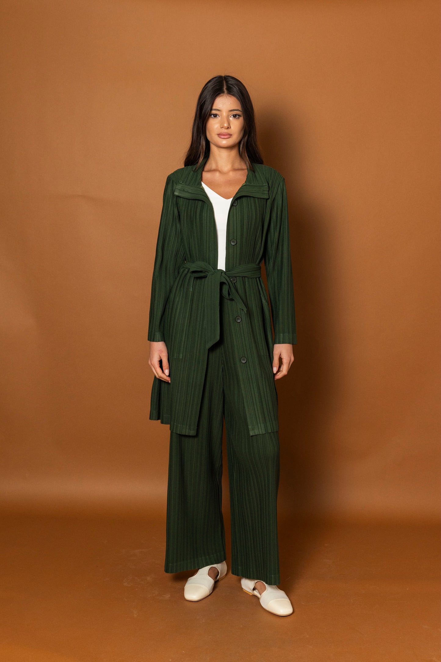 Green Pleated Long Jacket Set