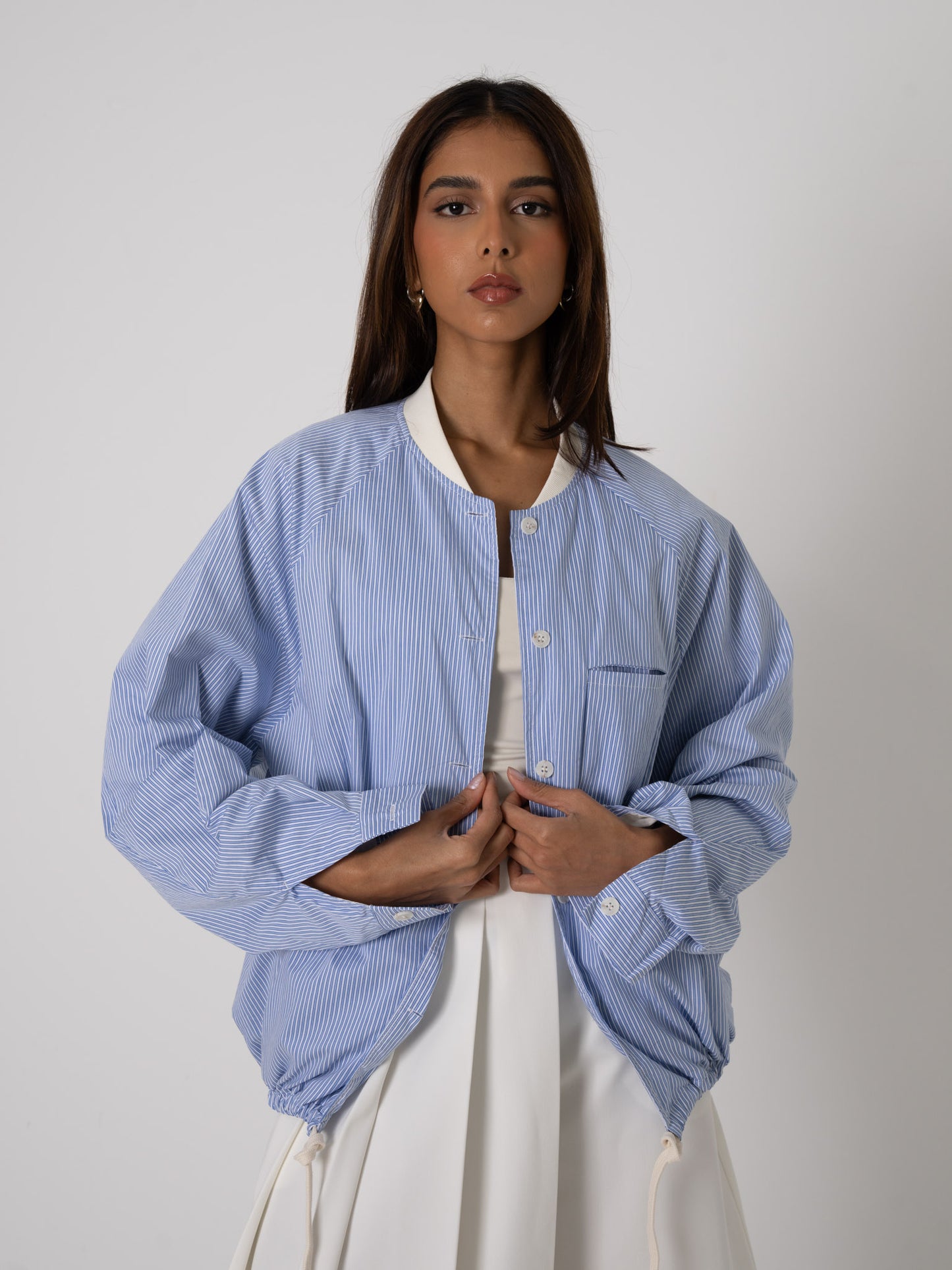 Striped Blue Poplin Bomber