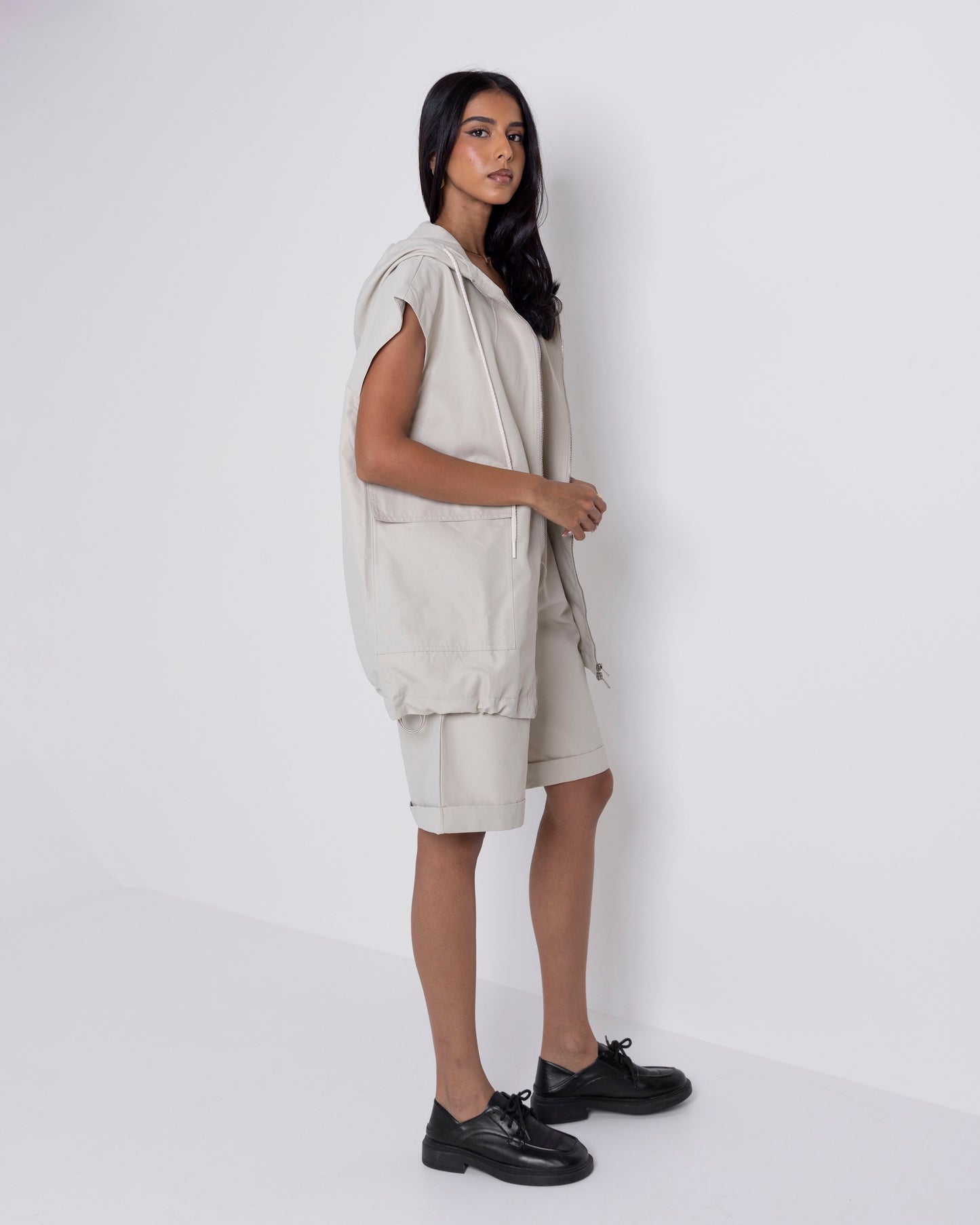 Beige Hooded Vest & Shorts Set