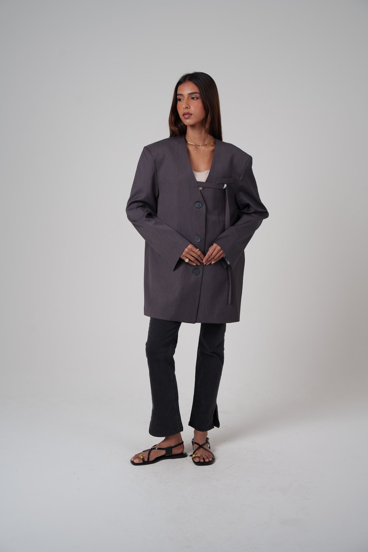 Grey Non-Collared Modern Blazer with Rope
