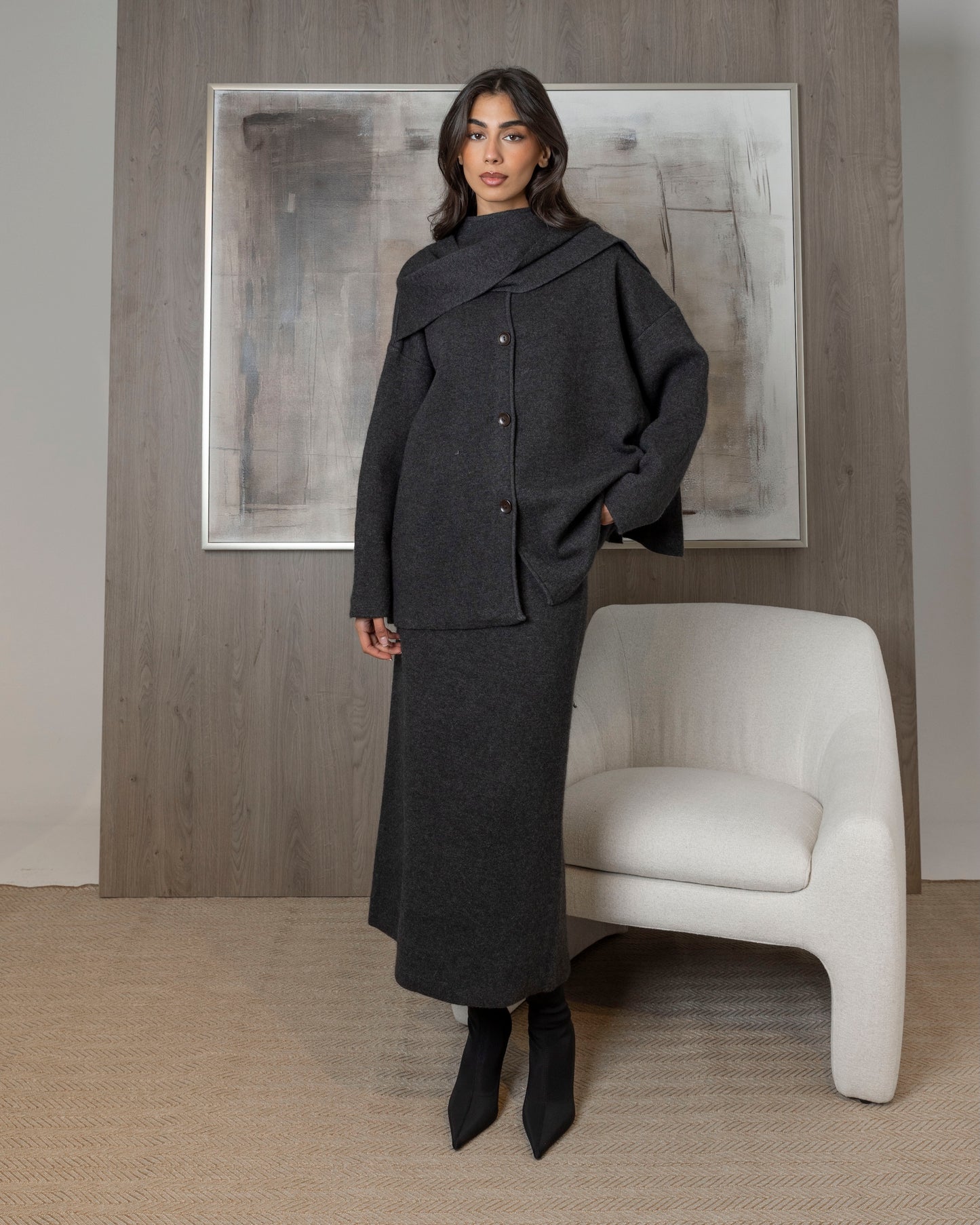 Knit Set Skirt & Cardigan with Scarf Attached