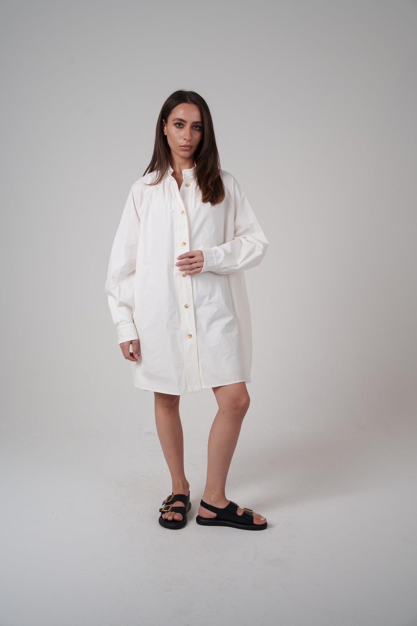 White Balloon-Sleeve Shirt Dress
