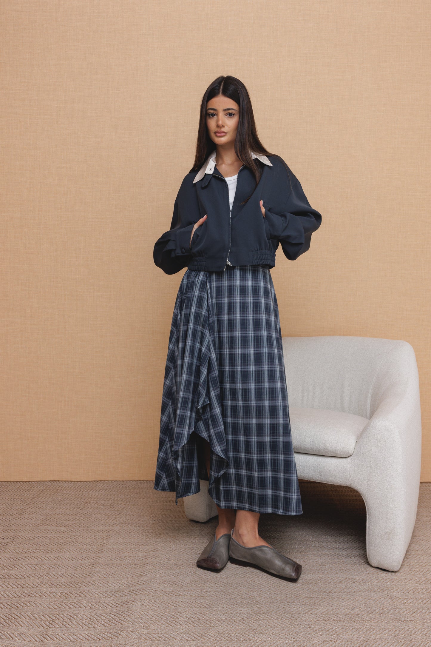 Checked Skirt Navy& Grey with Navy Bomber - Set