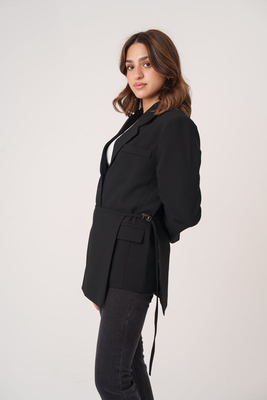 Black Blazer with Belted Skirt