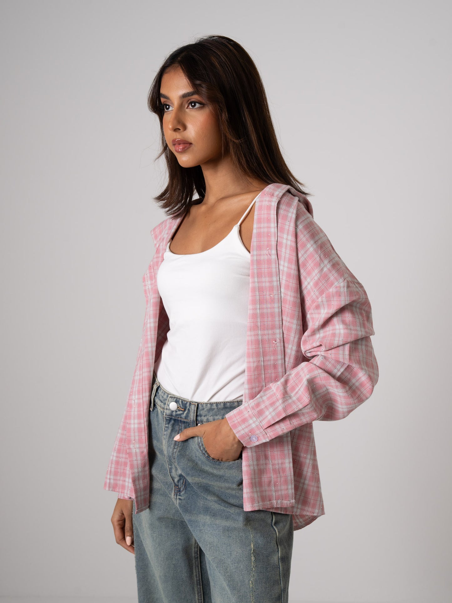 Pink Plaid Hooded Shirt