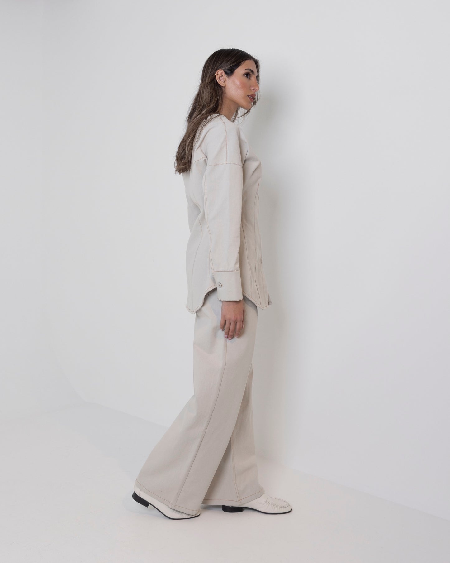 Beige Denim Waisted Set with Contrast Stitching