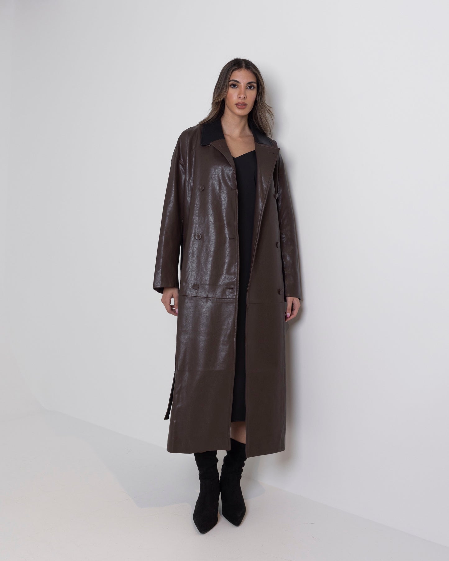 Brown Leather Trench with Black Collar