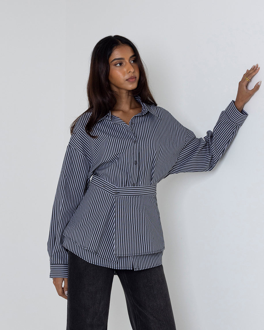 Belted Striped Button-Up Shirt