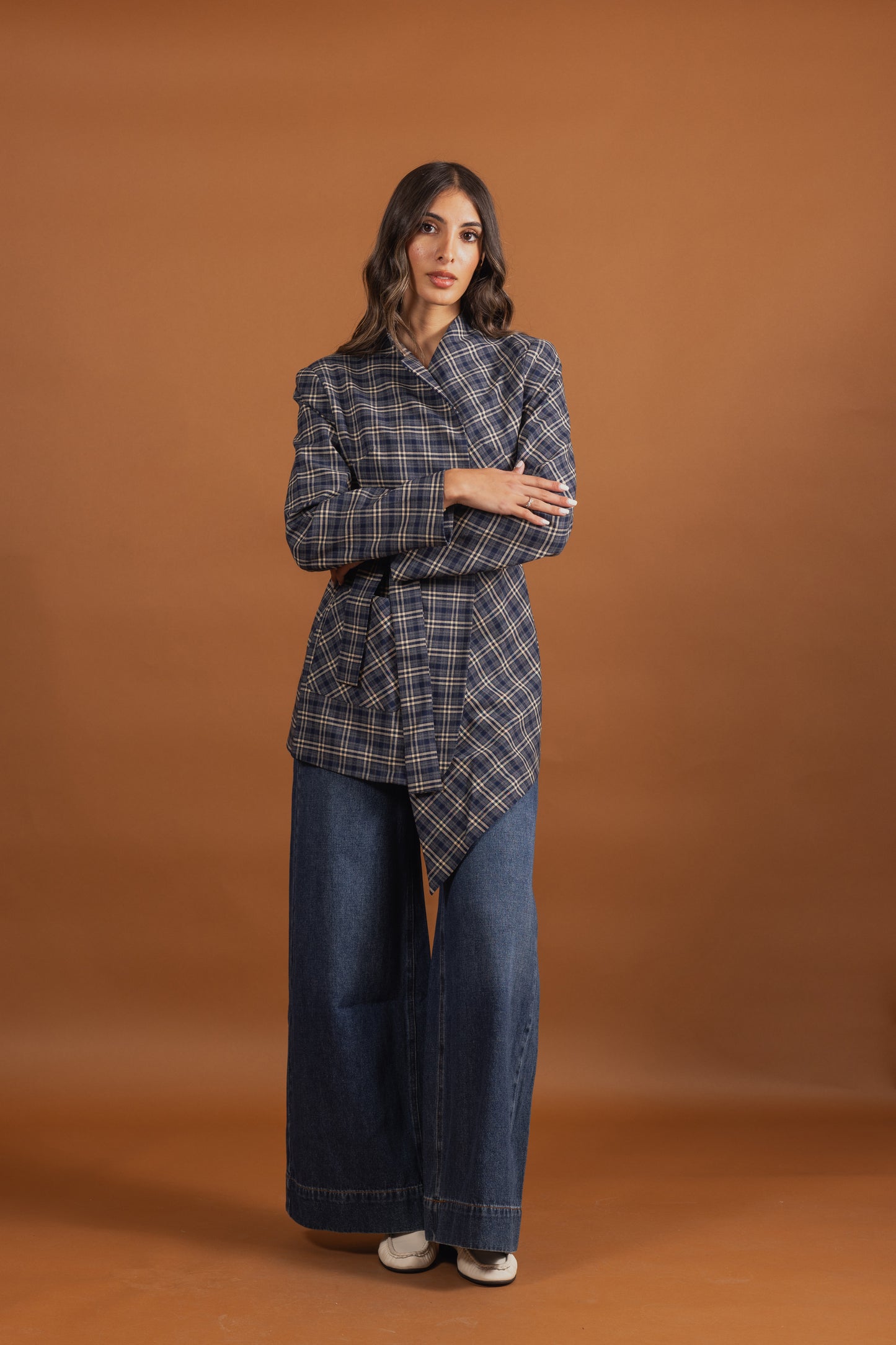 Checked Asymmetrical Wrap Belted Top