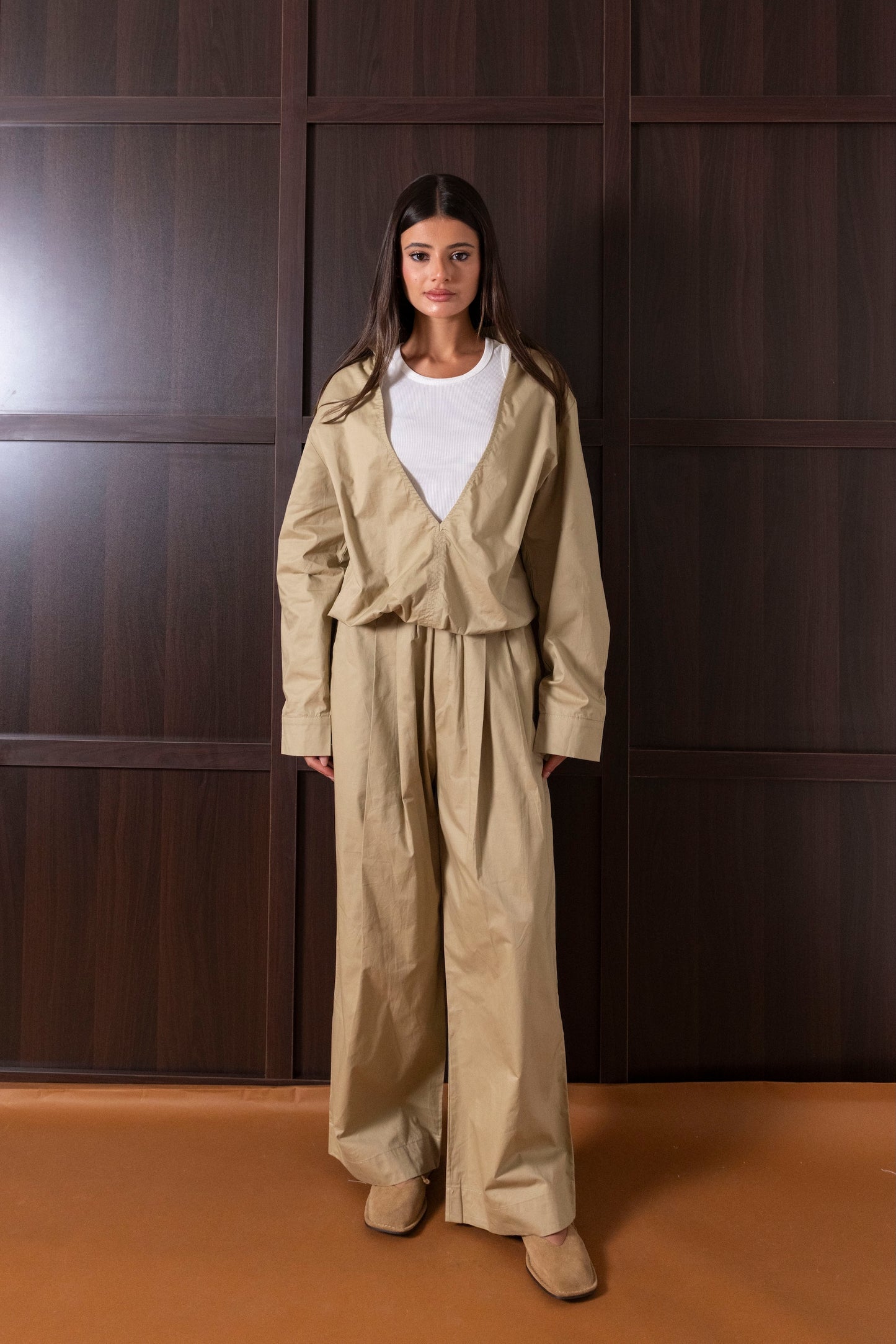Beige Open Neckline Set with Inner Tank