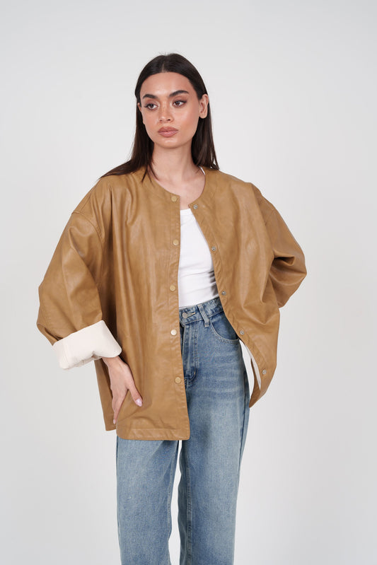 Camel Non-collared Leather Jacket