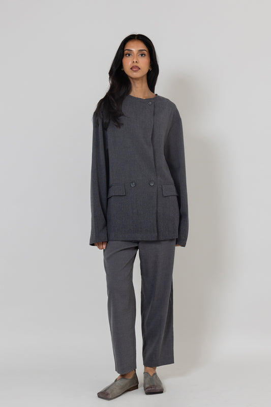 Grey Non-collared Wrap Blazer Top