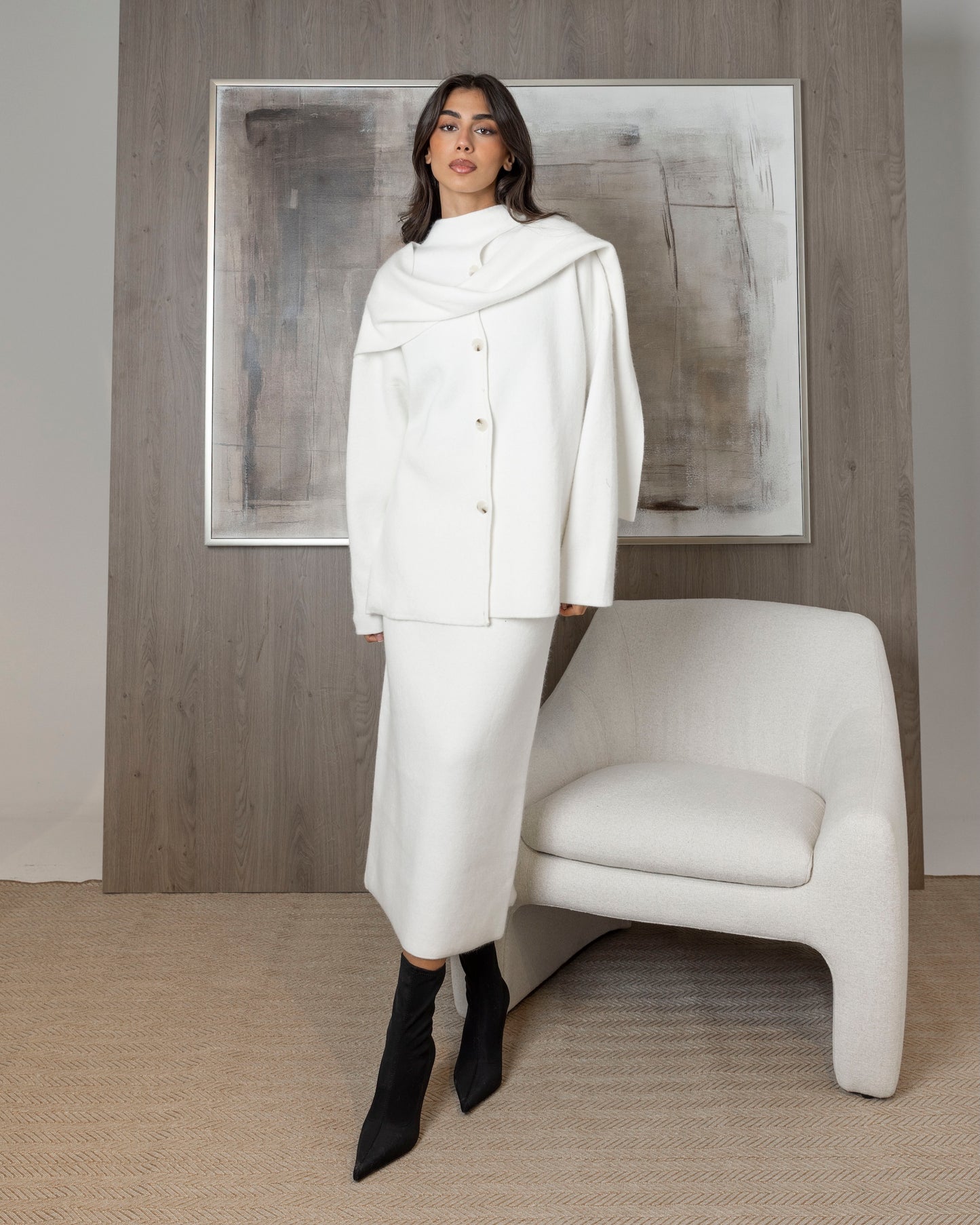 Knit Set Skirt & Cardigan with Scarf Attached