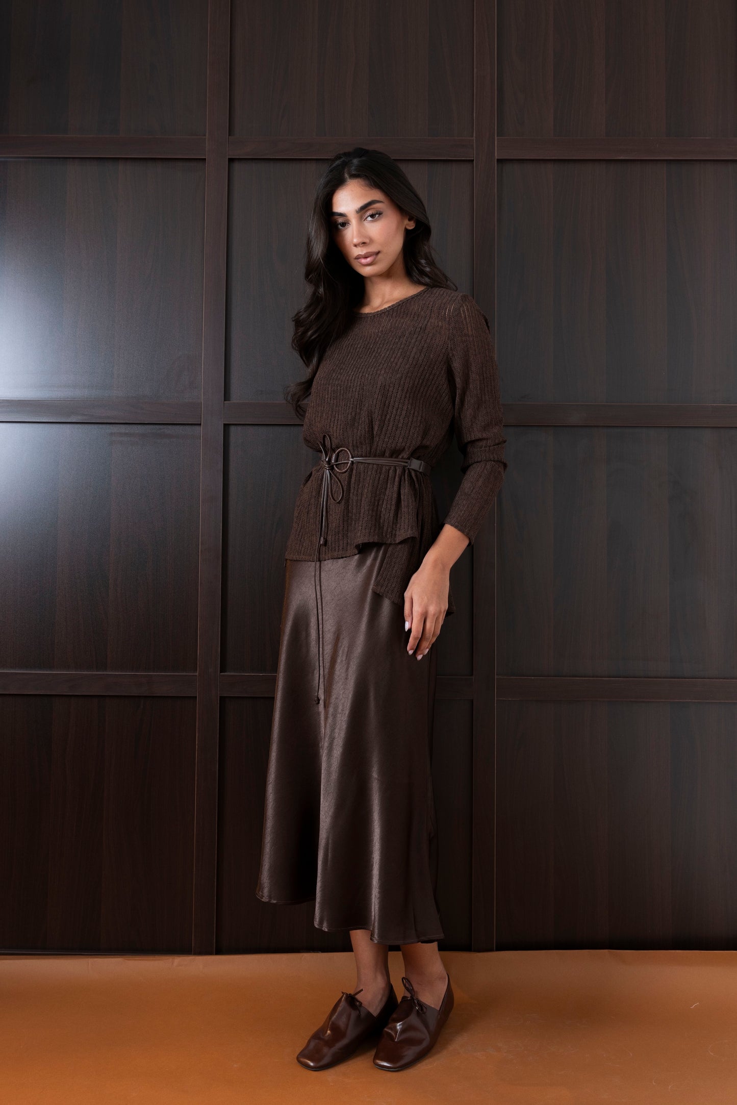 Brown Silk Dress with Top & Belt