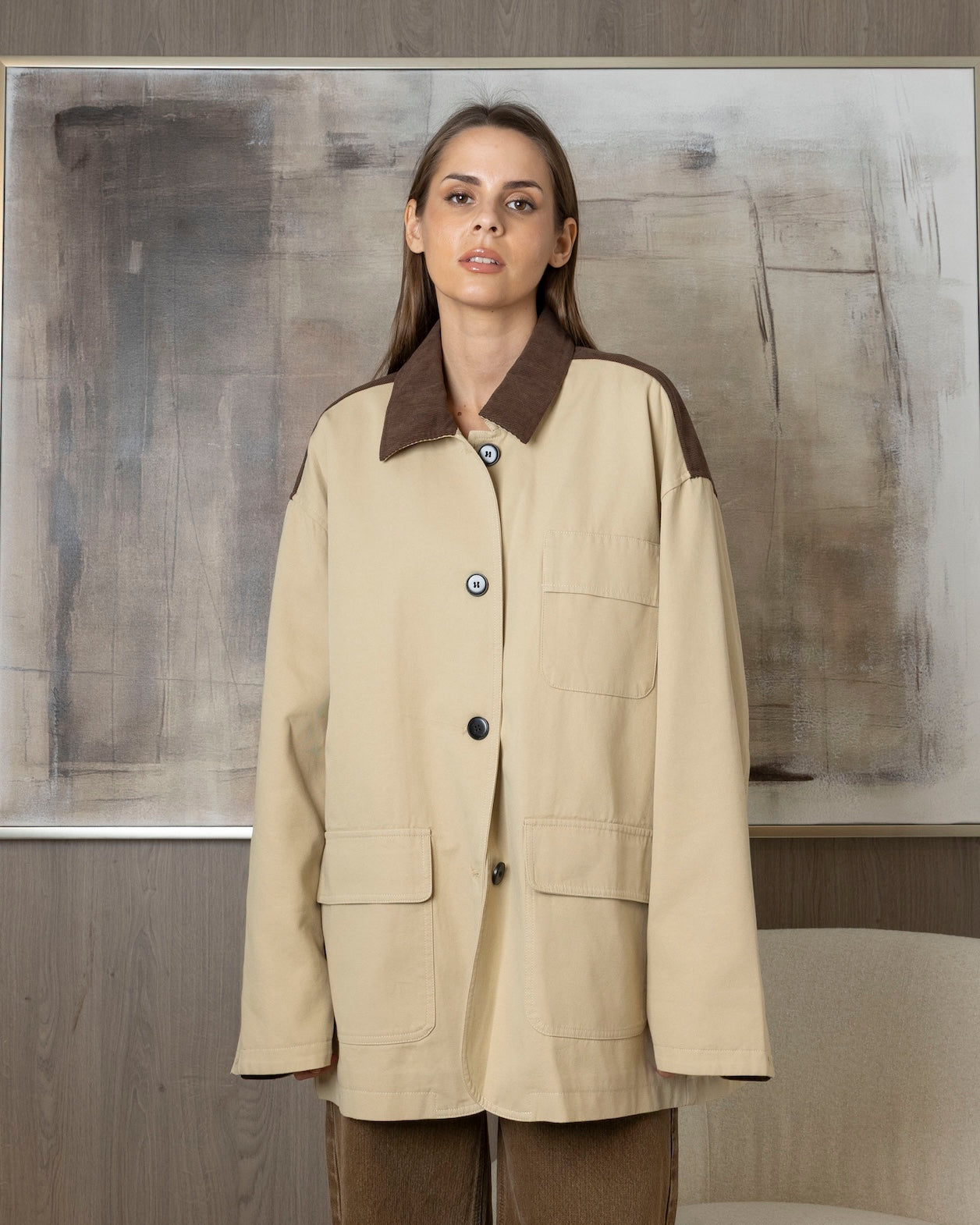 Beige Jacket with Brown Corduroy Details