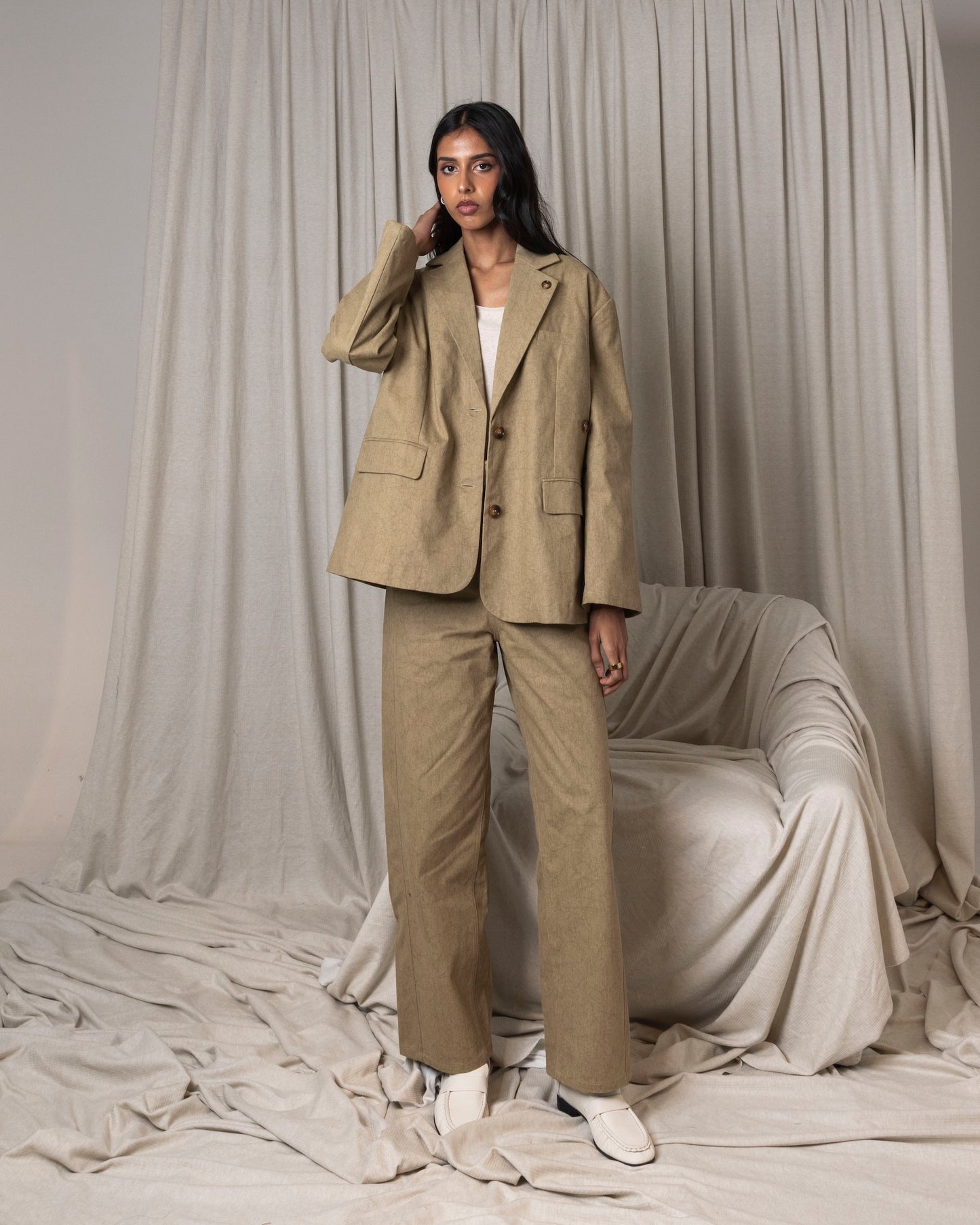 Beige Blazer Set with Side Button
