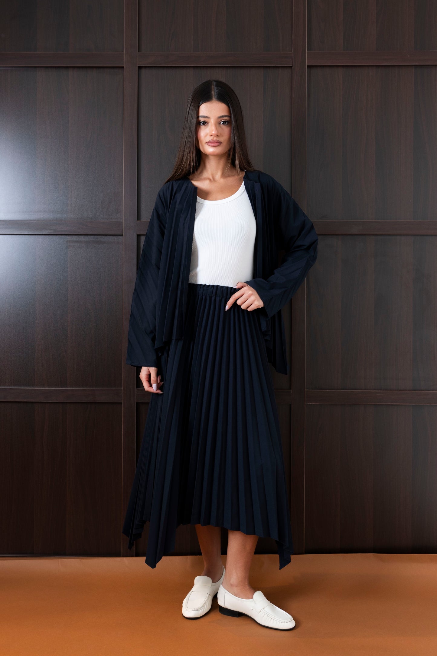 Navy Pleated Skirt Set