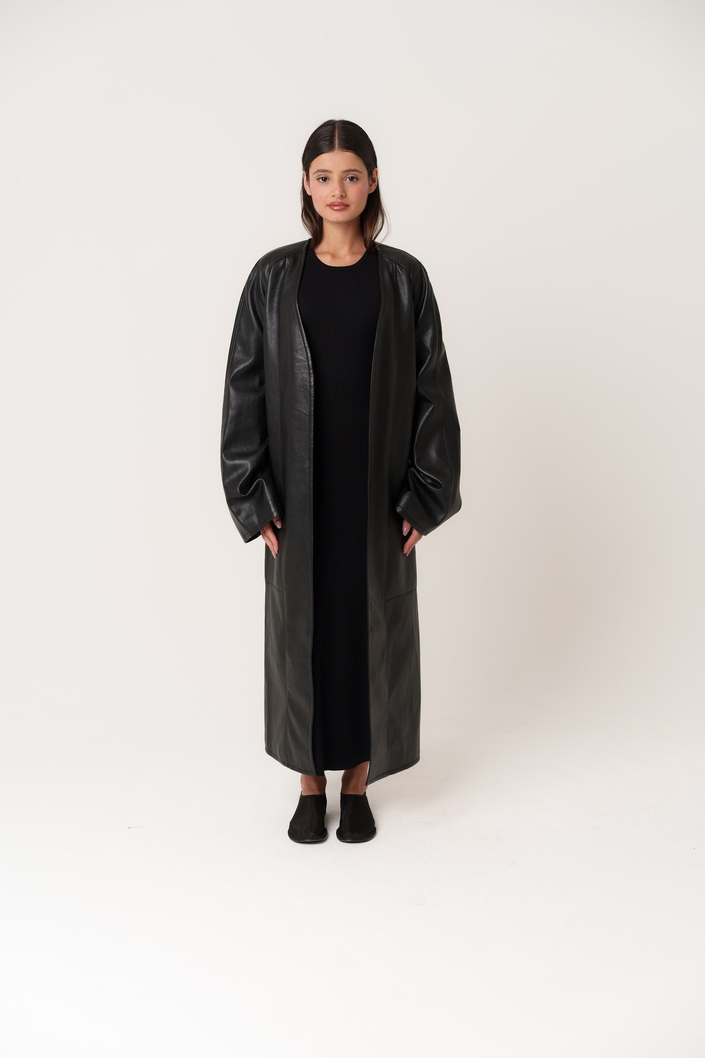 Black Leather Non-collared Trench