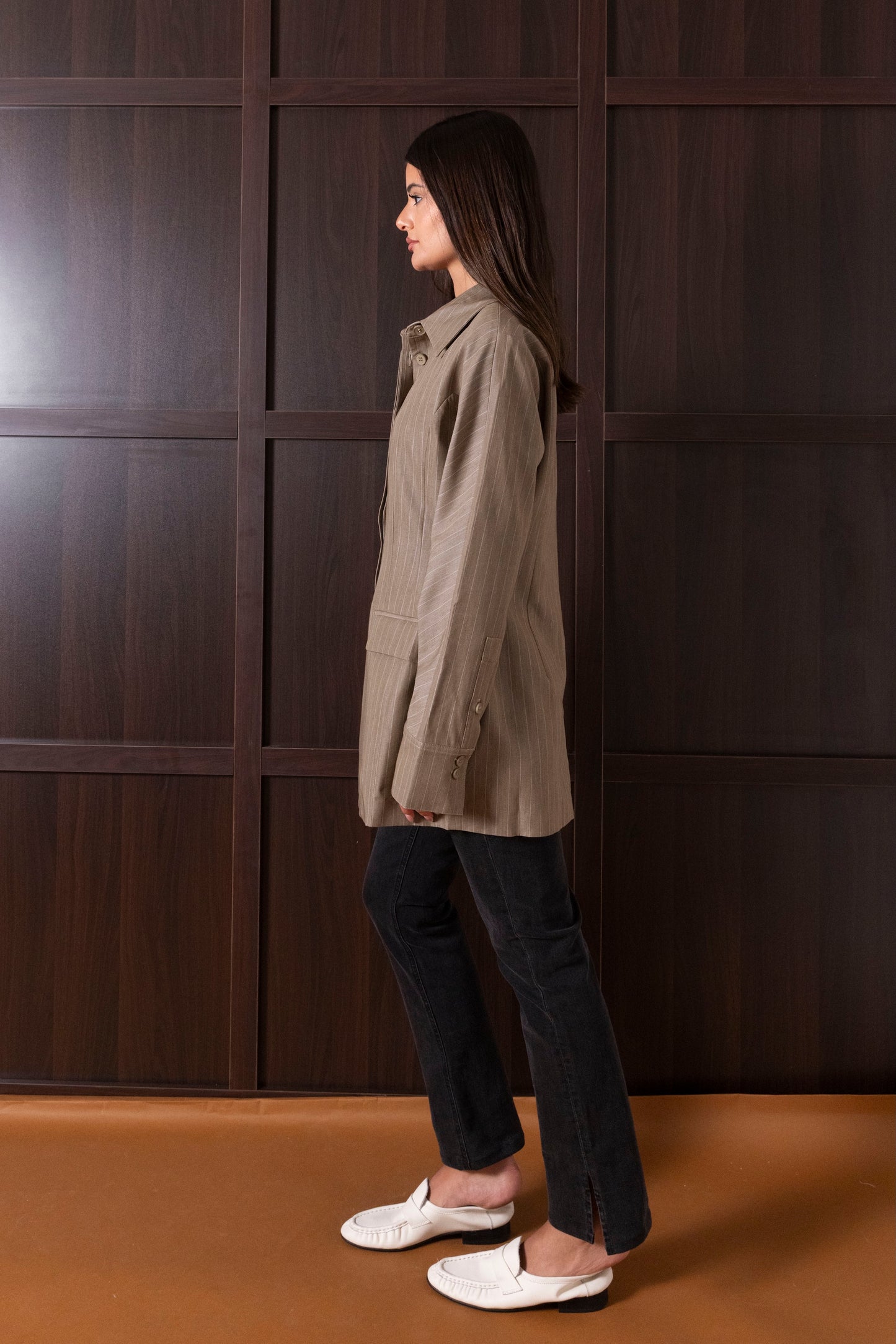 Collared Waisted Striped Jackets (Grey & Beige)