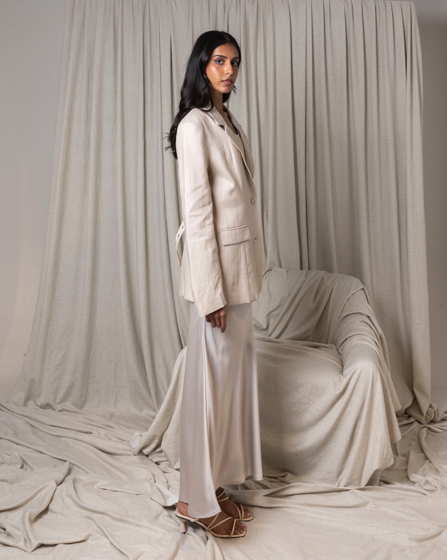 Beige Blazer & Silk Skirt Set