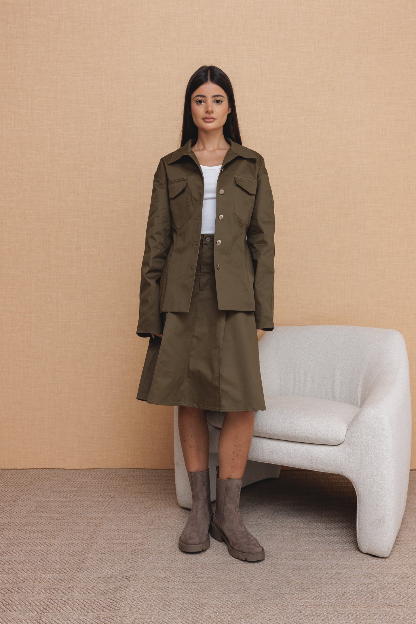 Khaki Skirt & Buttoned Jacket Set