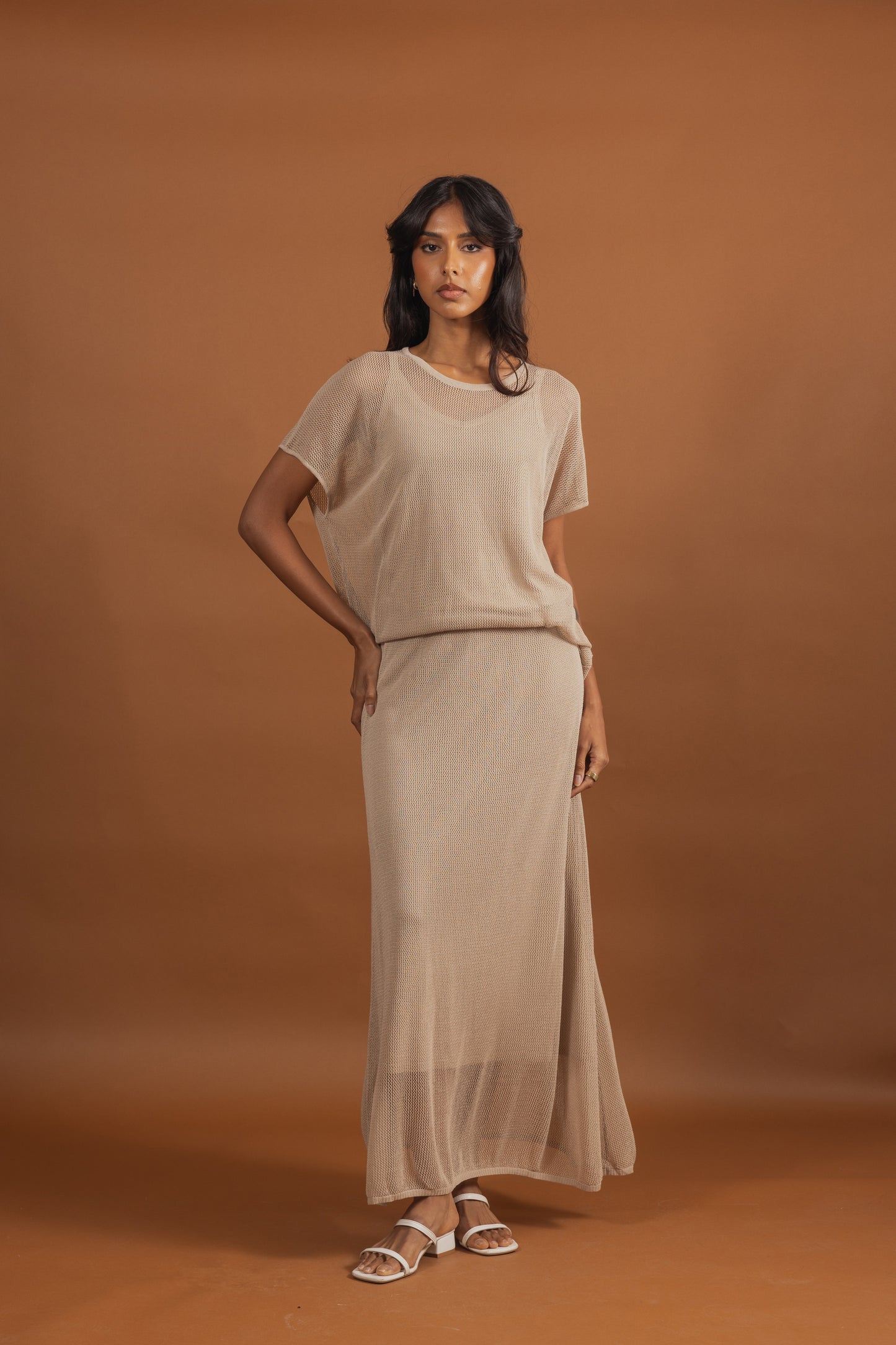 Light Mesh Beige Skirt Set