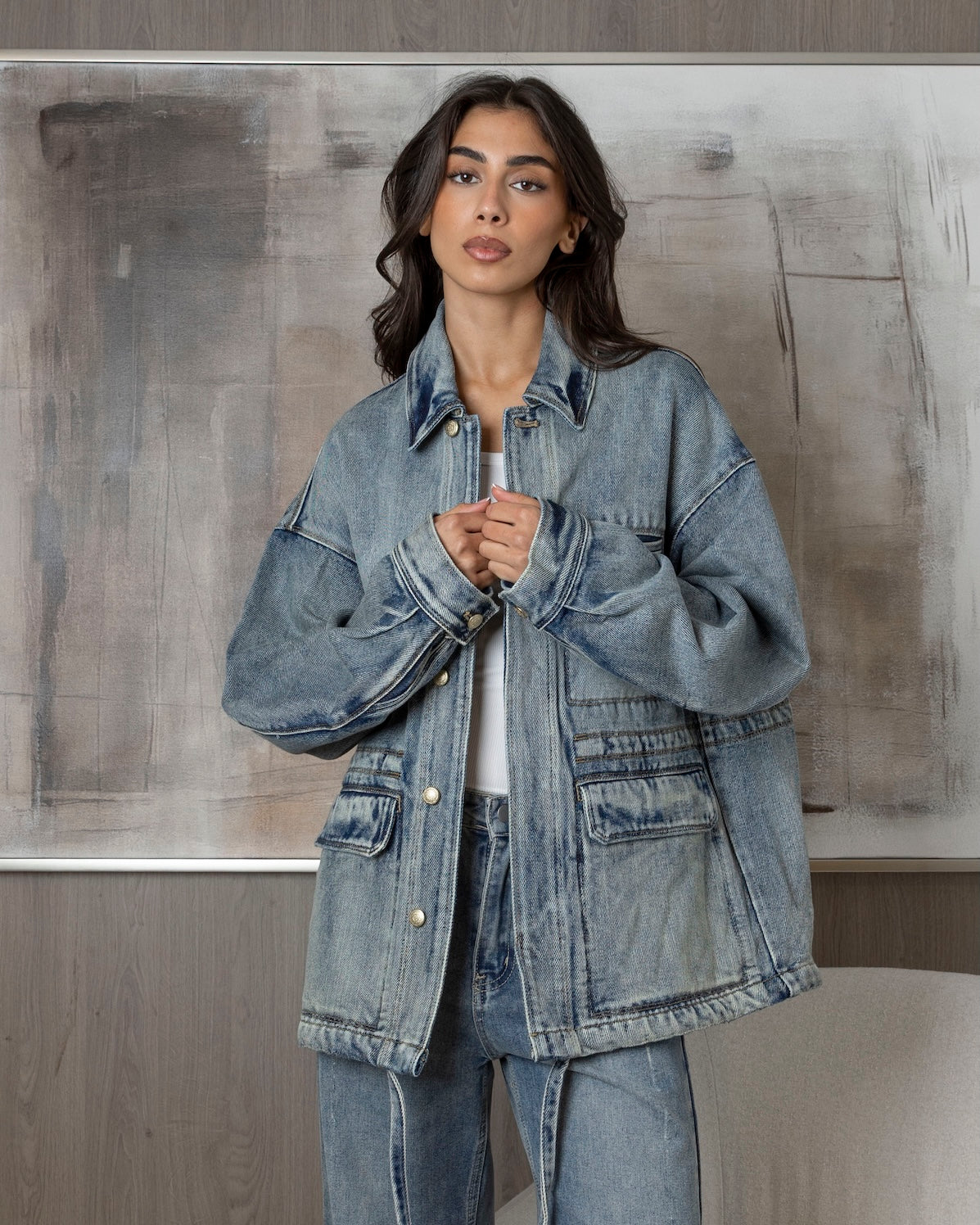 Denim Jacket with Gold Button