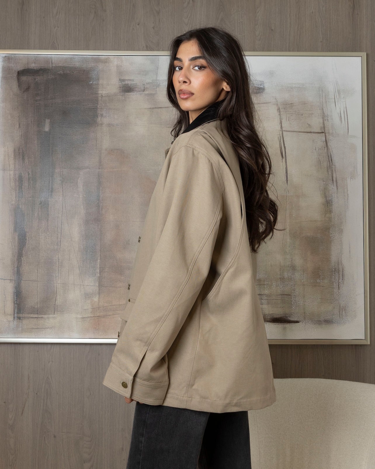 Beige Jacket with Leather Collar