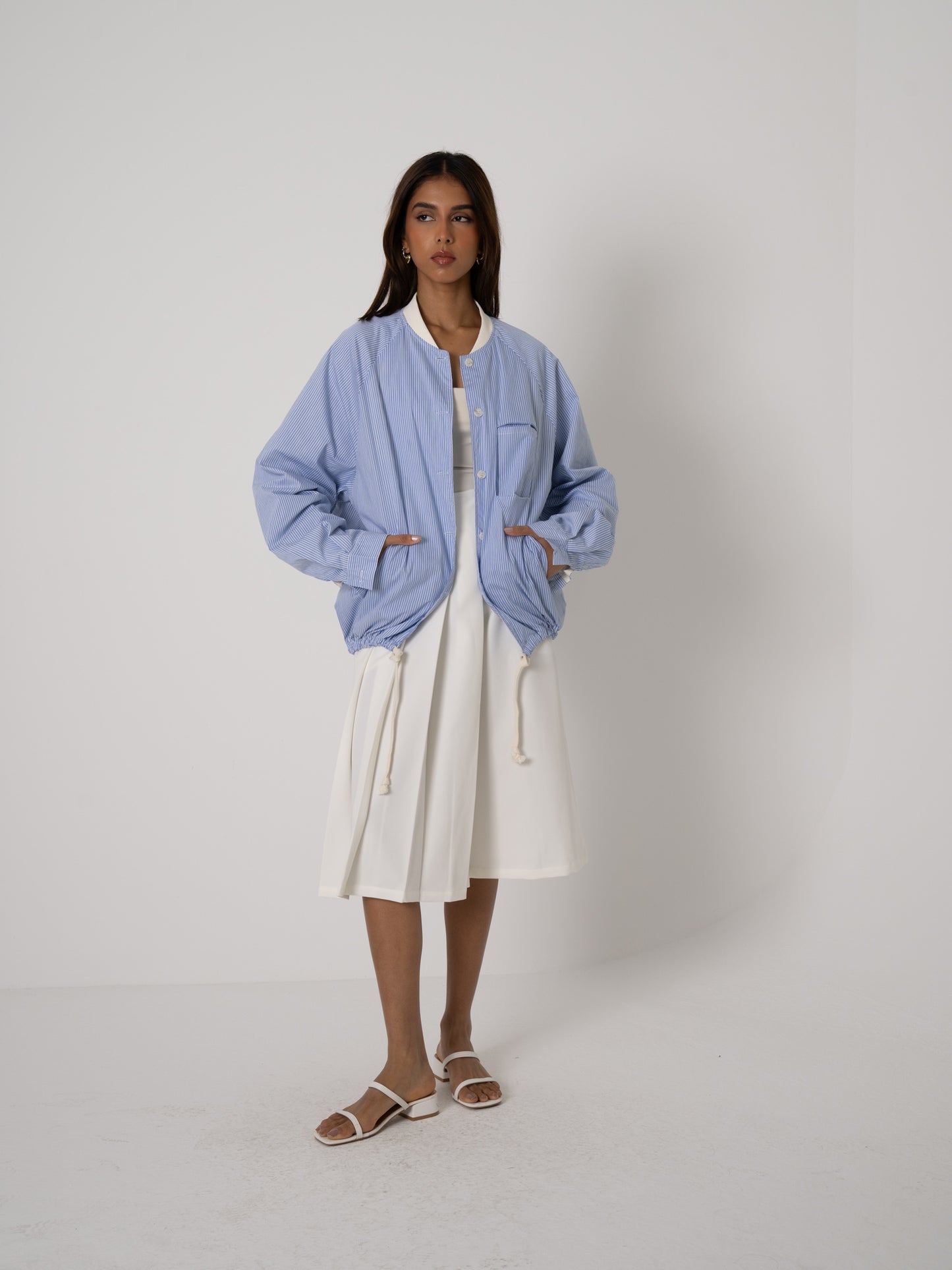 Striped Blue Poplin Bomber