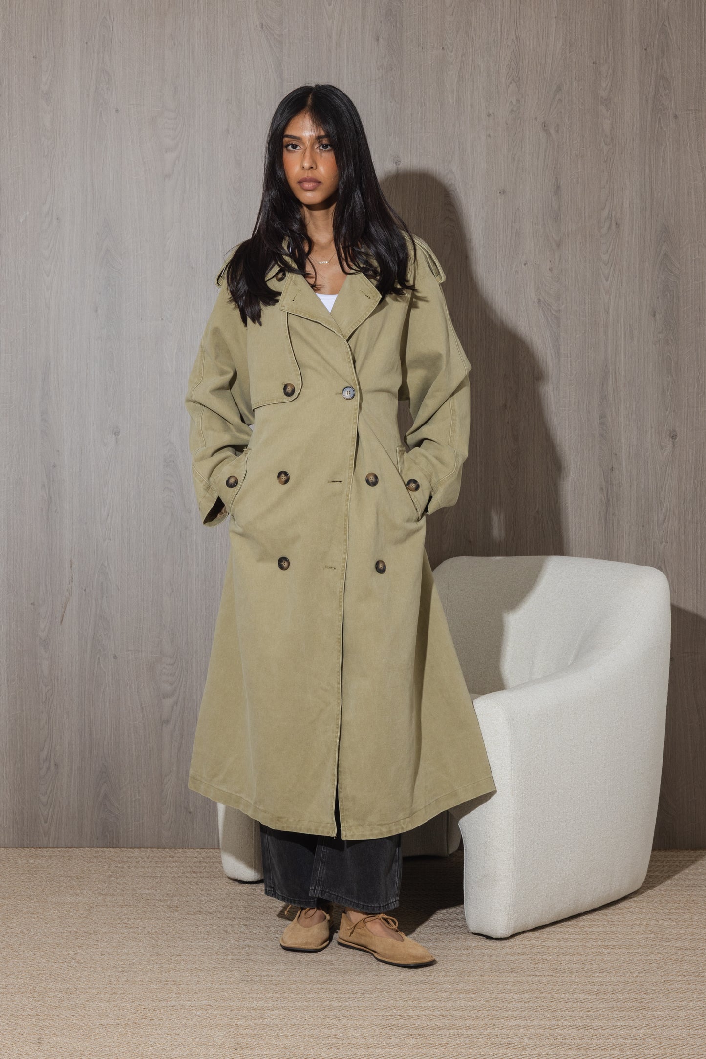 Denim Long Khaki Trench