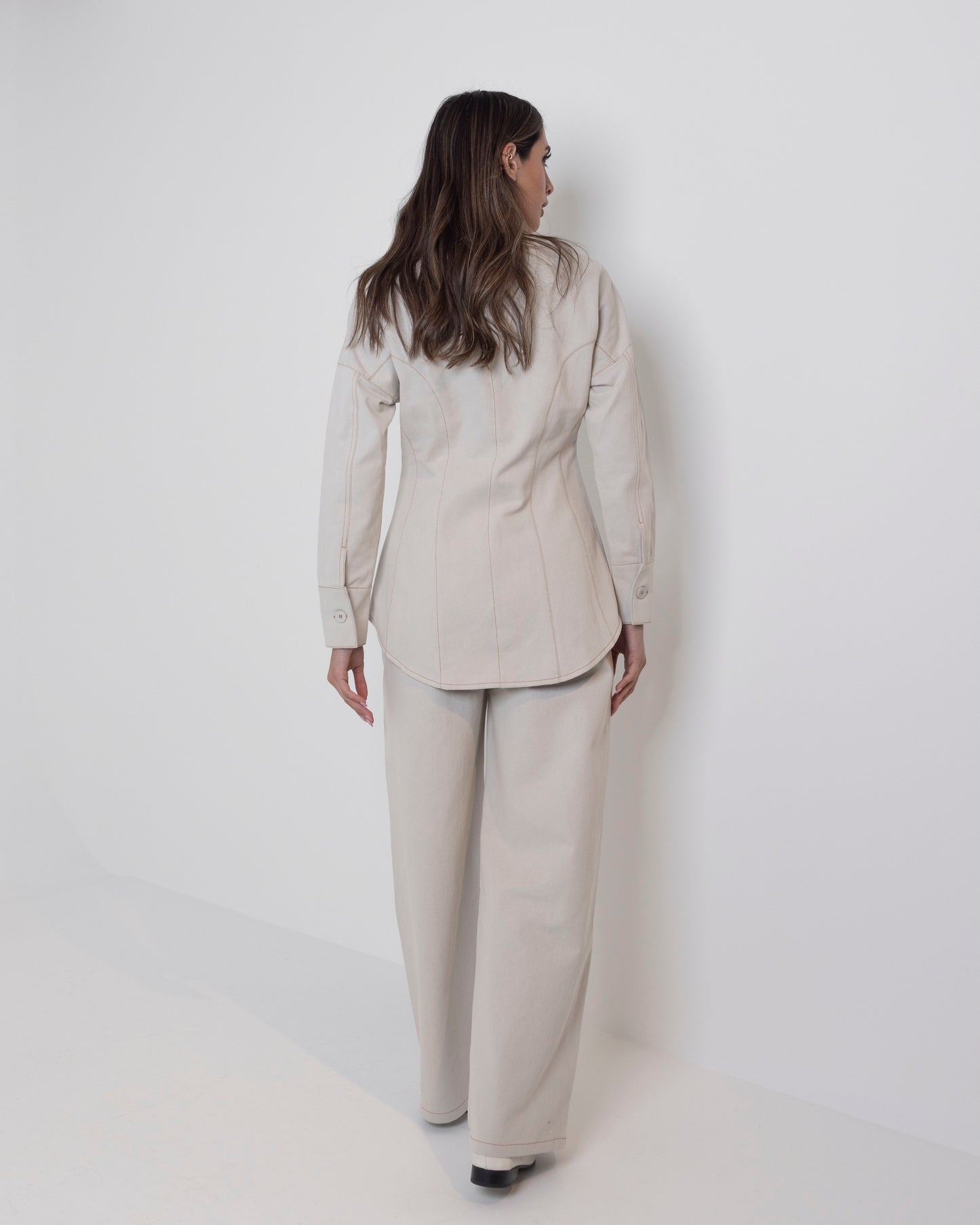 Beige Denim Waisted Set with Contrast Stitching