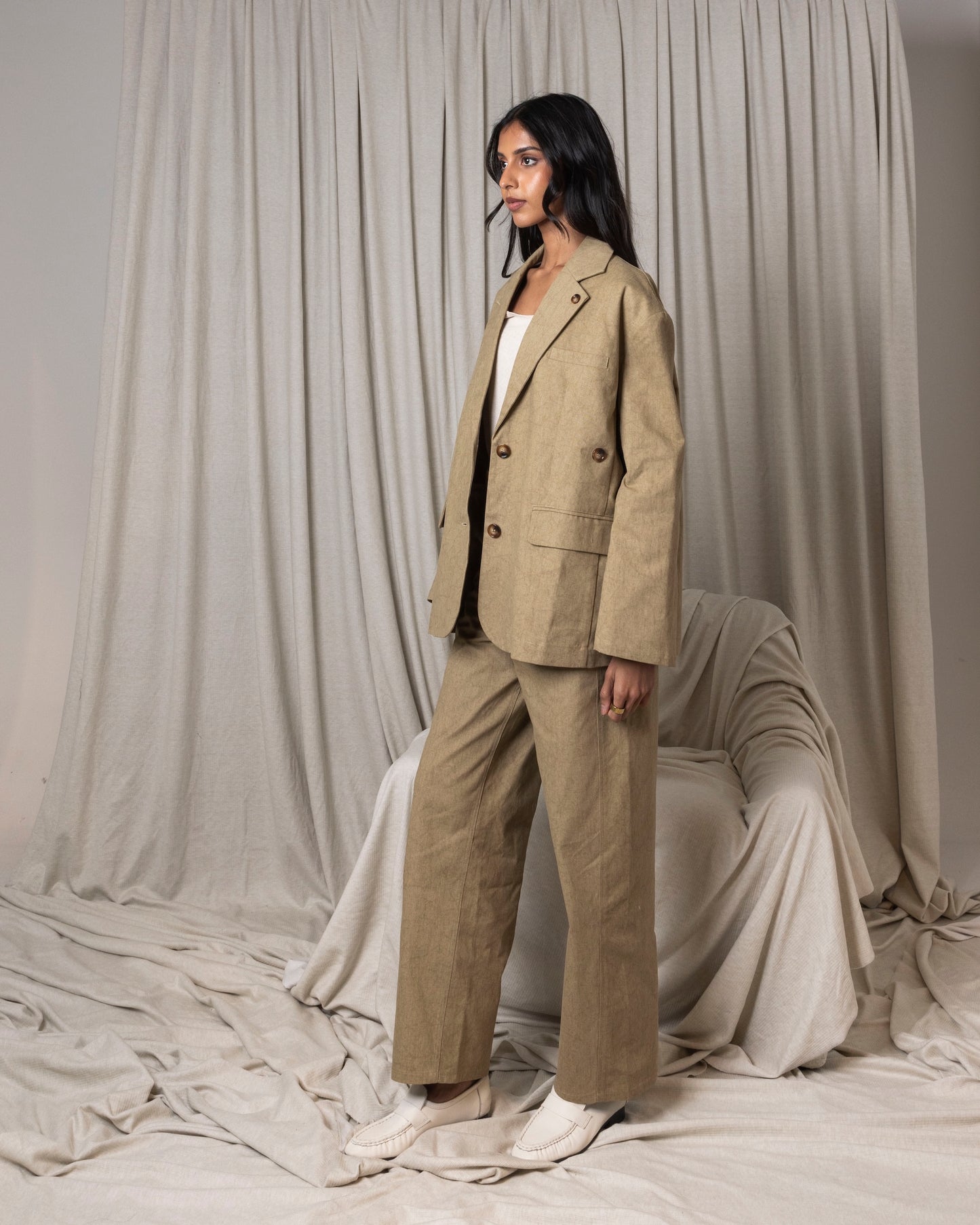 Beige Blazer Set with Side Button